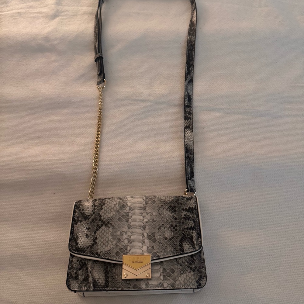G by Guess Gray Snake-Print Crossbody with Gold Chain Accent
